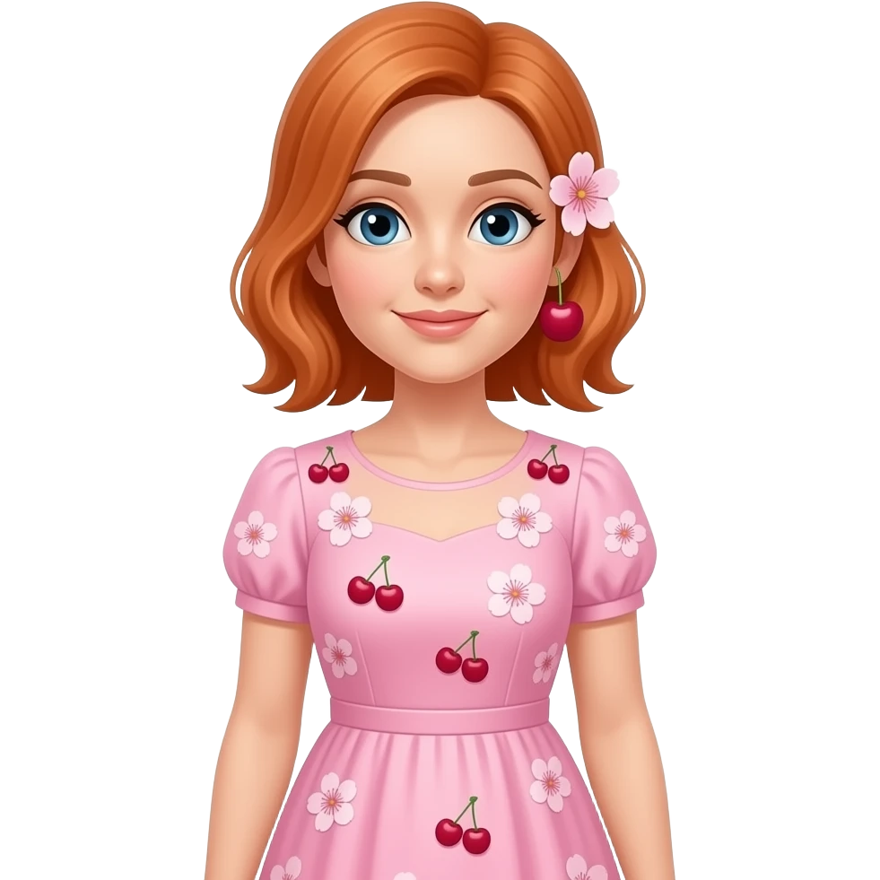 una señora de 38 años con un bestido de color rosado claro y que tenga sakuras en su bestido y una en su oreja5 y que tenga pelo amaranjado y que mire sin una sonrisa y que tenga ojos del tiempo y que se vea toooooodoo su cuerpo asta los pies emoji