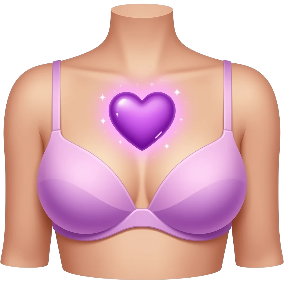 iOS-style emoji of  close up of a feminine human torso ( who wear a bra )with an little anatomical purple heart in the chest, soft pink-purple aura with sparkles, smooth gradients, glossy finish, minimal details, neutral background. emoji