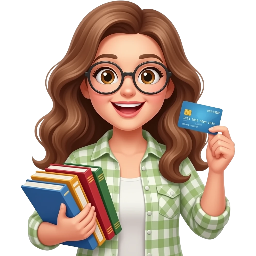 detailed emoji illustration of a curvy woman with long light brown wavy hair, light brown eyes and round glasses holding many books and a credit card, excited book shopping moment, cute emoji style emoji