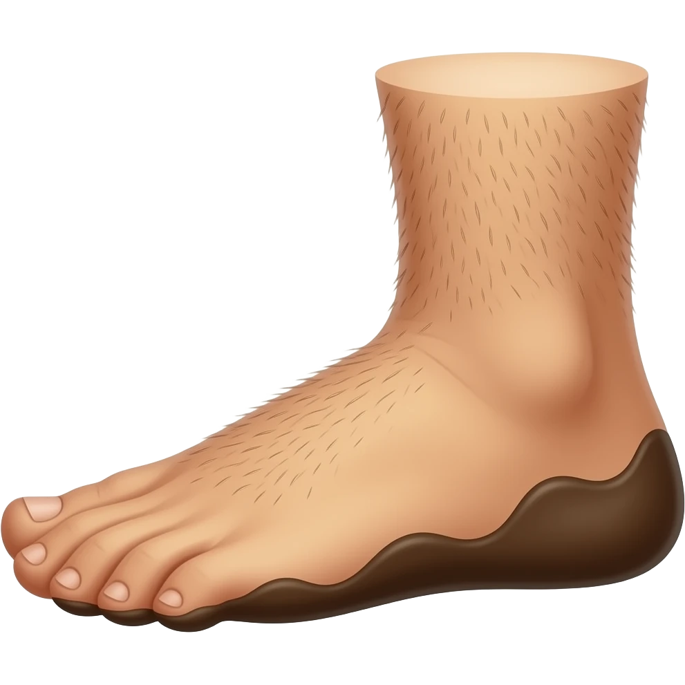 Side profile view of a hobbit foot, lightly hairy on top, slightly dirty with mud on the sole and toes, clean and simple pixel art style, transparent background emoji