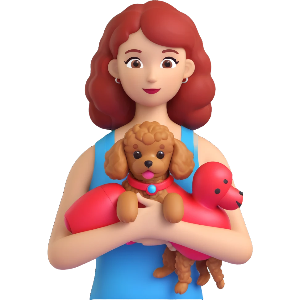 a friendly and casual woman wearing a tank top with a red toy poodle emoji