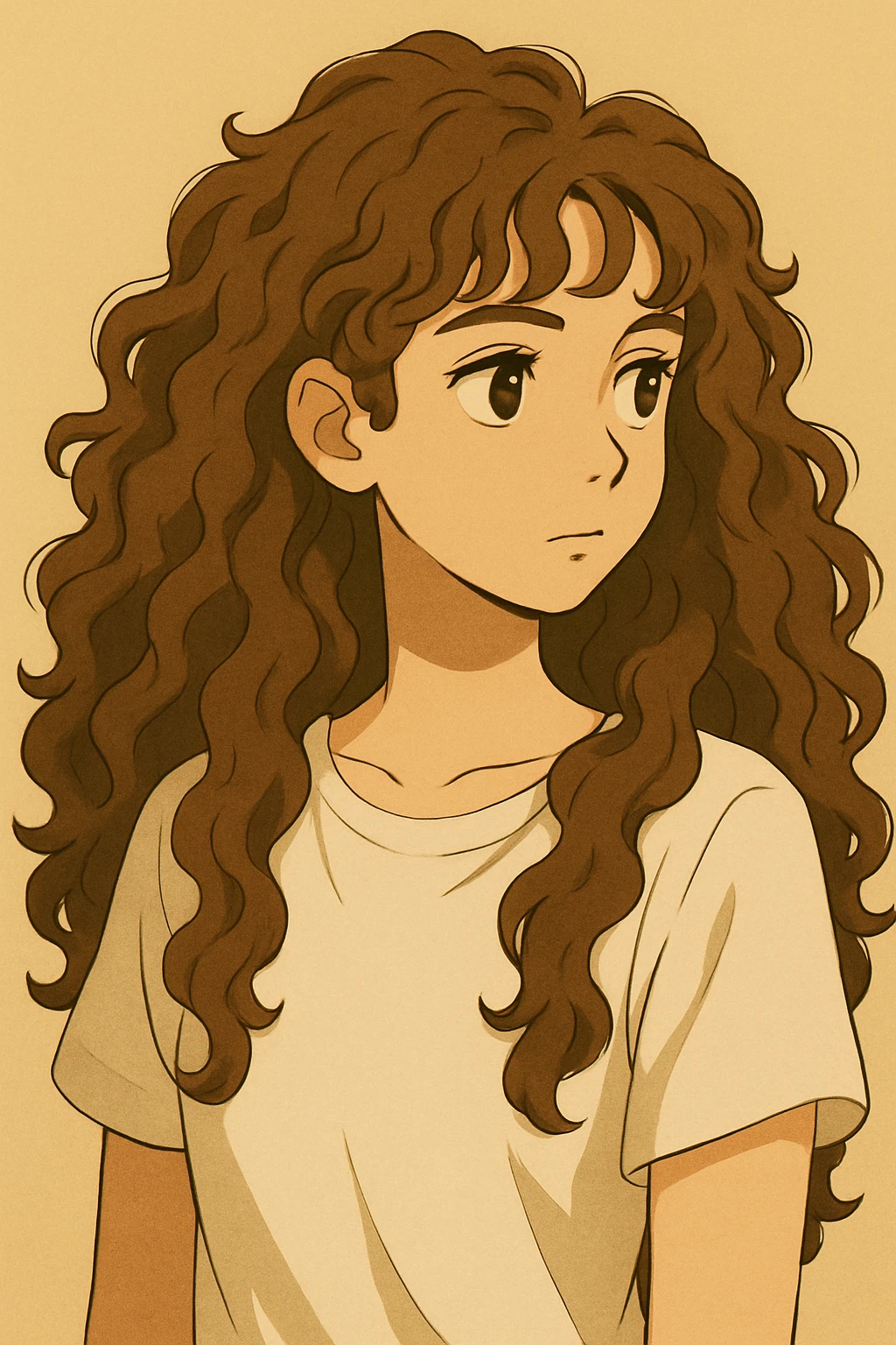 Make the hair much longer, with 3b-3c brown hazelnut curls, keeping the same style and expression, upper body, plain background, in a style consistent with the original images. emoji