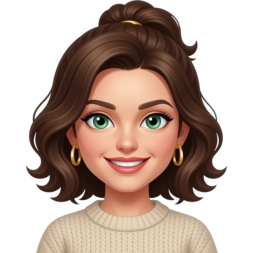fille brune 25 ans, yeux verts, cheveux en chignon haut ondulés, sourire méchant, maquillage, botox, pull, anneaux dorés aux oreilles emoji