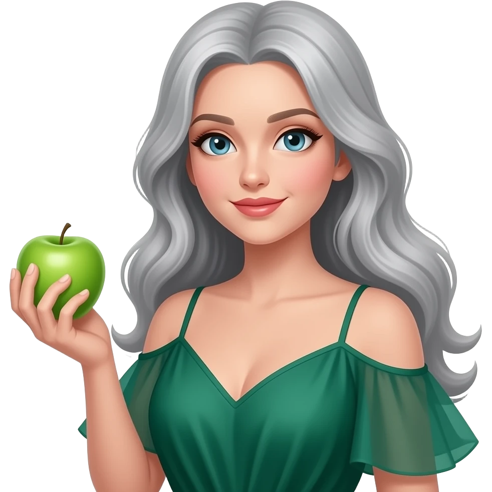 Lady with beautiful grey hair and with Green apple emoji
