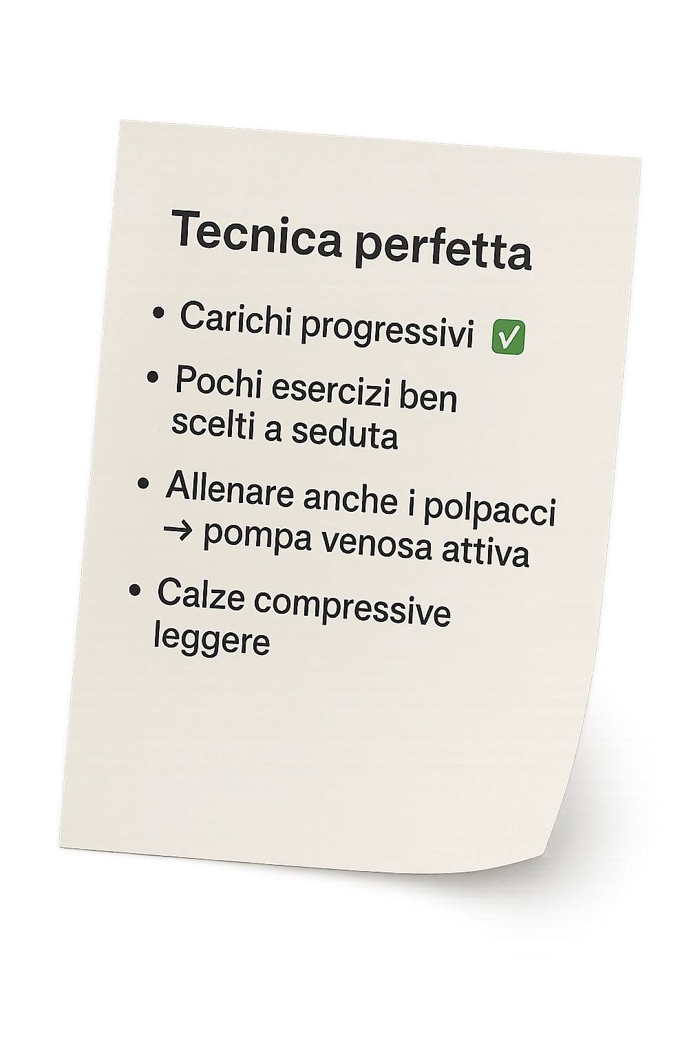 FOGLIO DI CARTA PER L'ALLENAMENTO IN PALESTRA CON LA SCRITTA "Tecnica perfetta
 ✅ Carichi progressivi
 ✅ Pochi esercizi ben scelti a seduta
 ✅ Allenare anche i polpacci → pompa venosa attiva
 ✅ Calze compressive leggere" , IPERREALISTICA 4K emoji