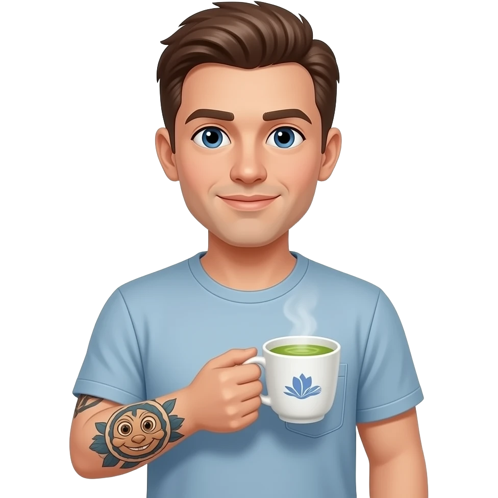 Labubu tatto on biceps holding matcha emoji