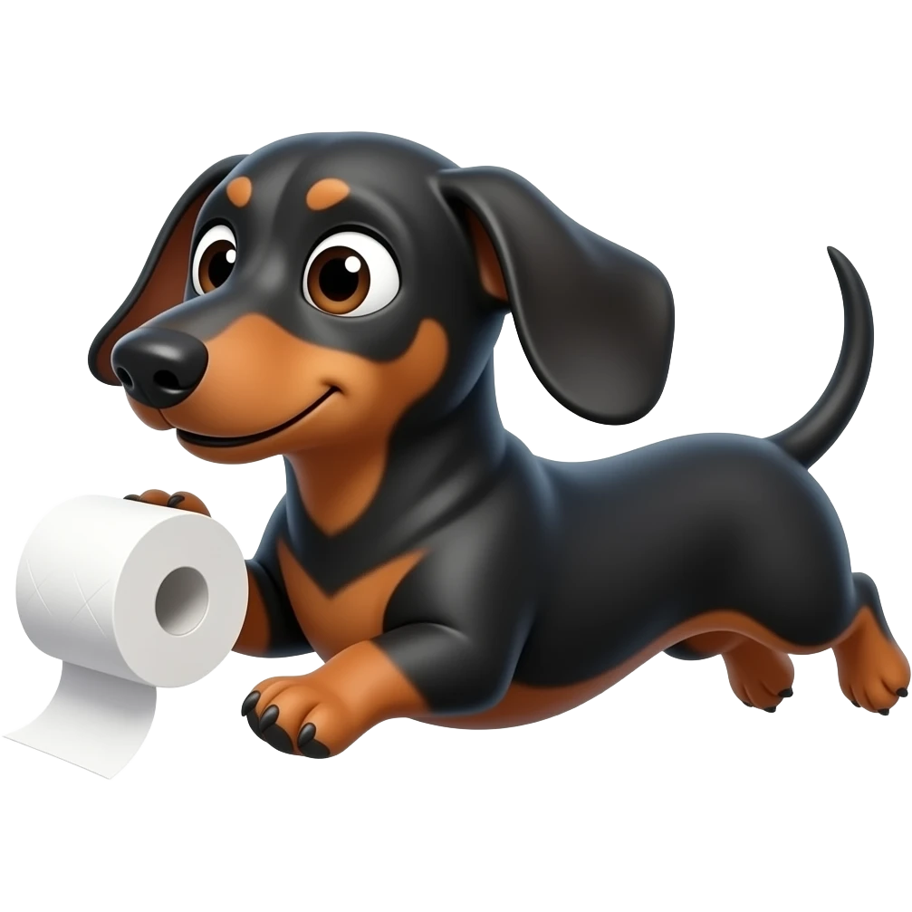 whimsical dachshund wide eyes full body chasing toilet paper emoji