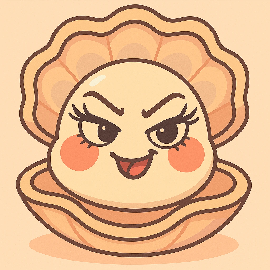 Add pretty eyelashes to the cute oyster, keep the subtle and bright pastel background, maintain the pearly reflections on the shell, the softness of the red cheeks, pastel toon details, mischievous expression, creamy, peach and greige texture, and the volume of the shell. emoji