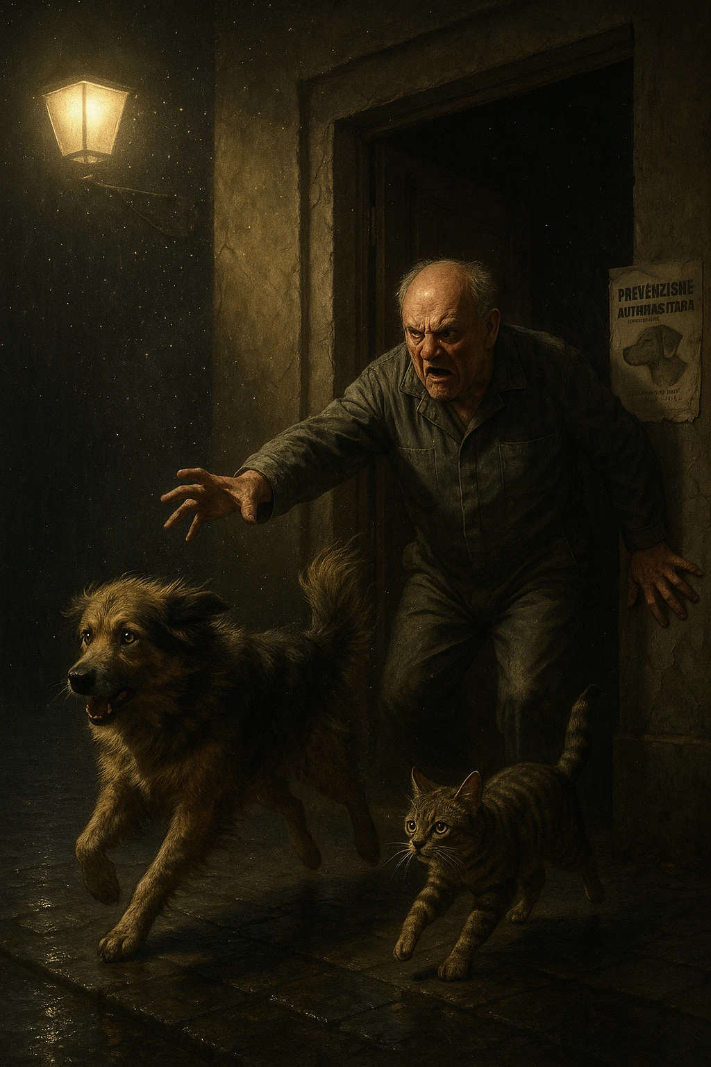 Un uomo anziano in tuta da lavoro, con espressione arrabbiata, butta fuori i suoi animali con aperta la porta di casa mentre il suo cane (un meticcio a pelo lungo) e il gatto (soriano) scappano nella strada buia sotto la pioggia. Particelle di polvere/pulci fluttuano nell'aria illuminata dal lampione. Sullo sfondo, un poster strappato del veterinario con scritto 'Prevenzione antiparassitaria'. Stile fotorealistico, illuminazione Caravaggesca, toni grigi e ocra. in italiano emoji