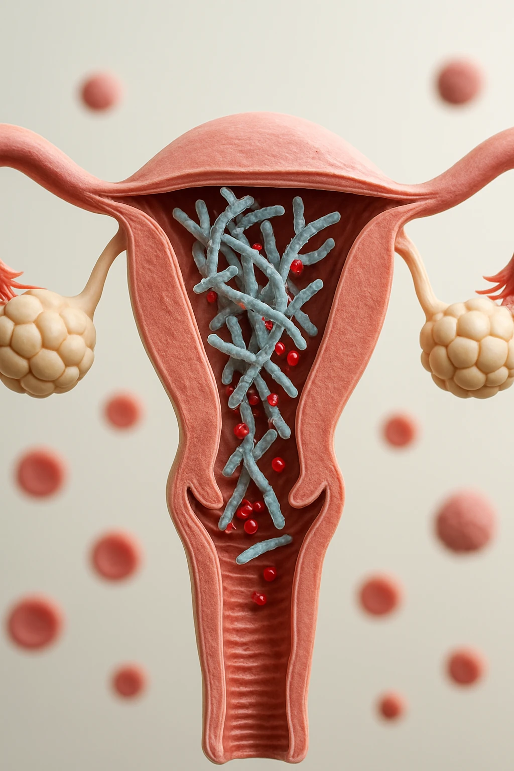 corpo umano anatomico con batteri come la candida nell'utero, sfondo neutro chiaro, iperrealistico 4k emoji