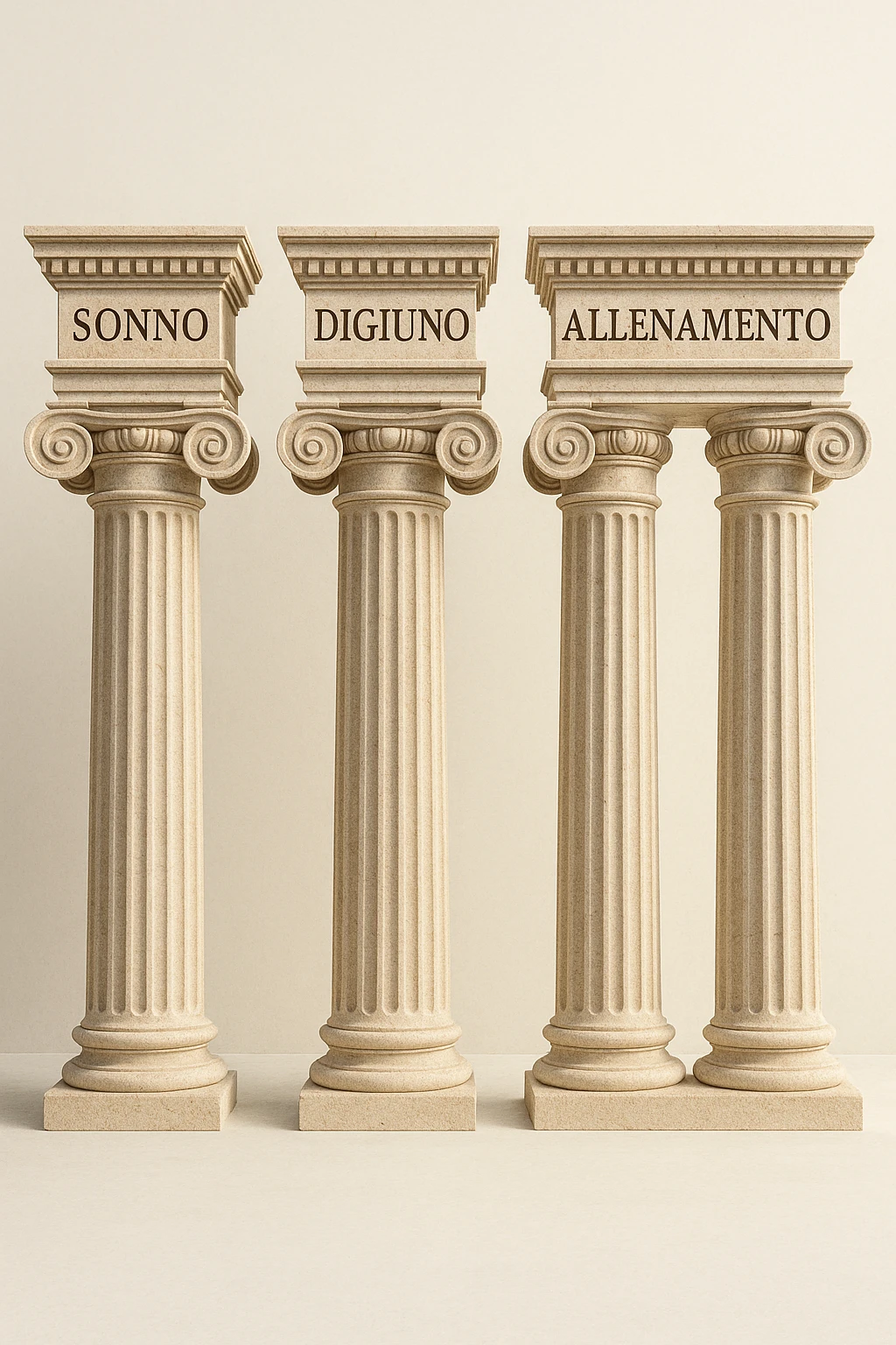 5 pilastri con le scritte "SONNO", "DIGIUNO", "ALLENAMENTO", "INTESTINO", IMMAGINE IPERREALISTICA SFONDO CHIARO IN ITALIANO emoji