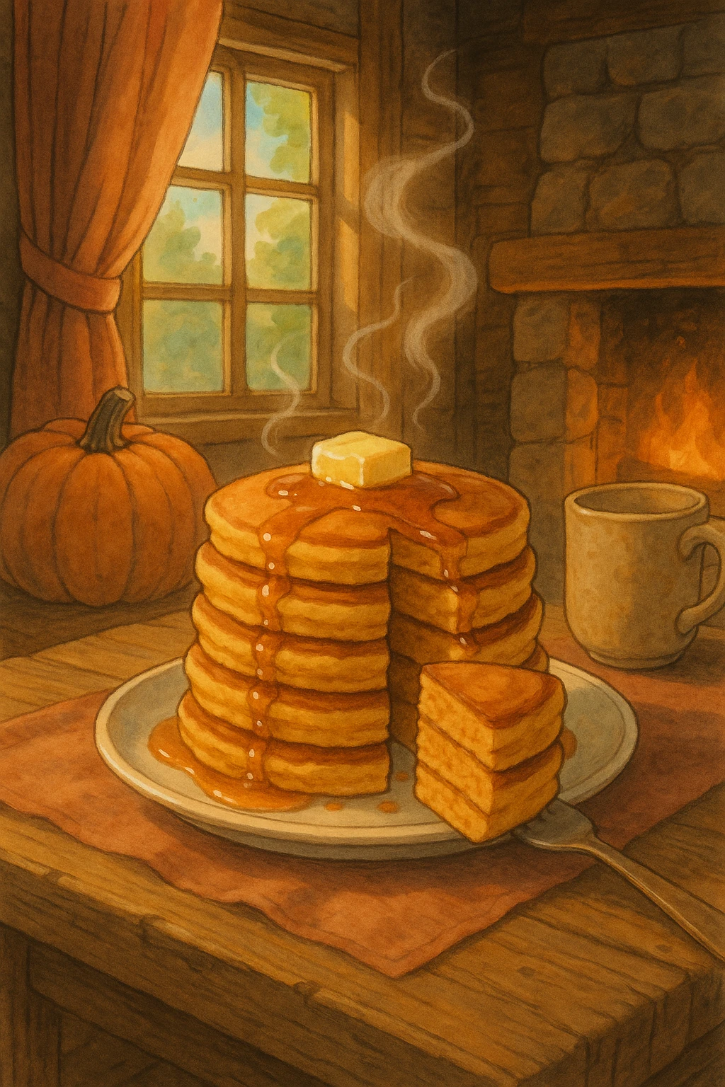 stack of pumpkin pancakes with a piece cut out, cozy emoji