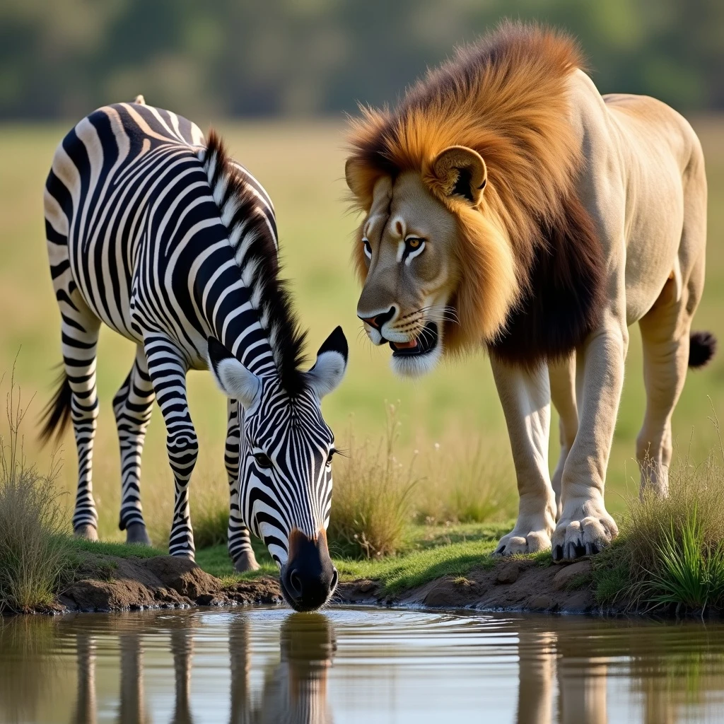 zebra and lion drinking water from pond emoji