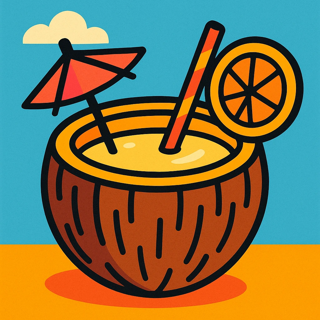 pina colada in a coconut shell, with a straw and umbrella, playful, summer vibe emoji