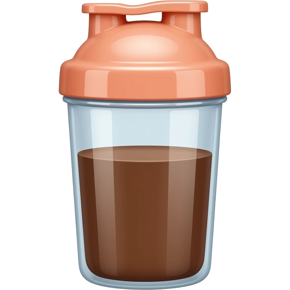 A peach-colored protein shake shaker with chocolate liquid inside emoji