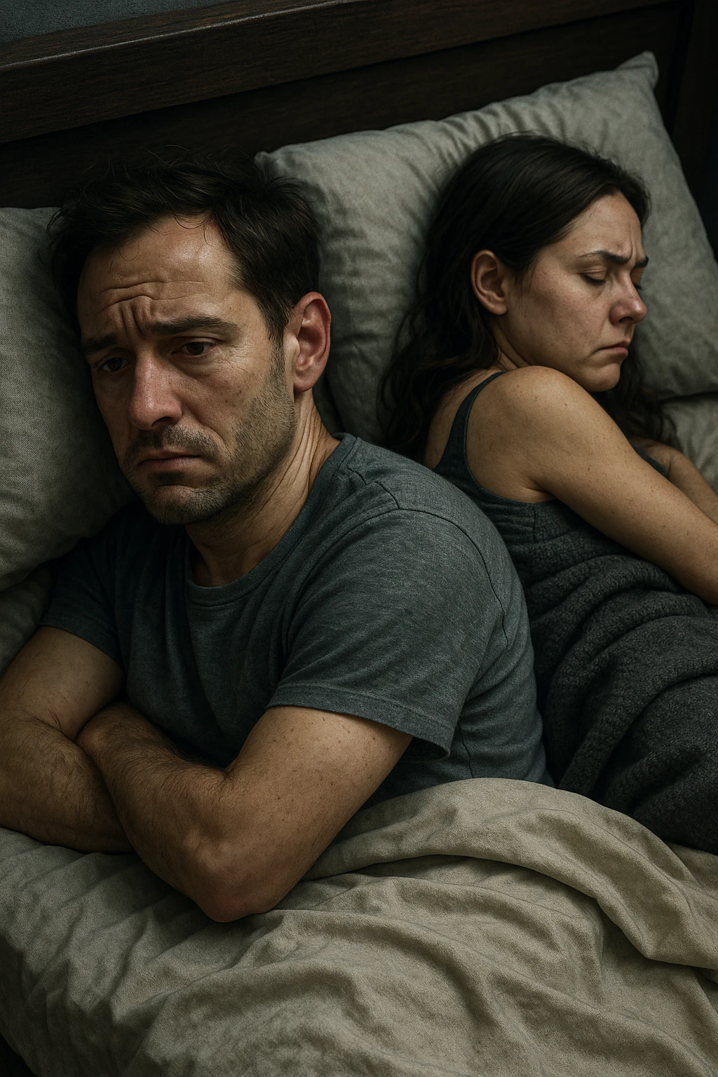 Vertical, hyper-realistic 3D cutaway illustration: uomo con difficoltà con la propria compagna nel letto, faccia depressa emoji