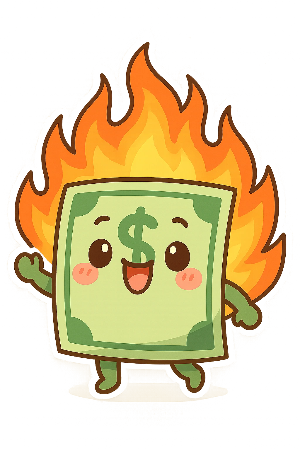a cartoon dollar with fire effects, playful style, cute and colorful emoji