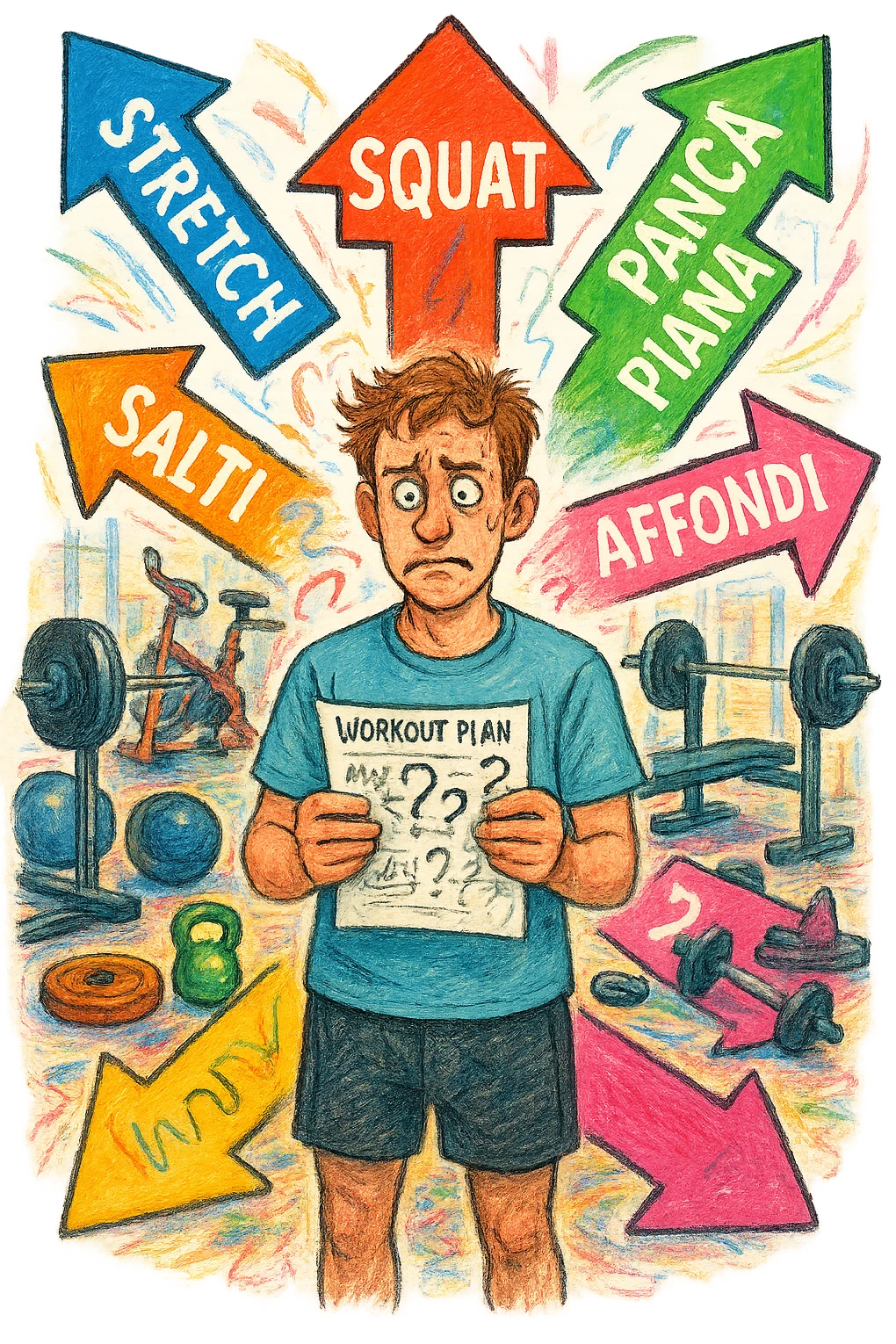 a person stands in the center of a gym, surrounded by arrows pointing in all directions, each labeled with a different exercise (e.g., “squat,” “Salti,” “stretch,” “Panca Piana”). The person looks bewildered, holding a workout plan with scribbles and question marks. The scene is colorful but visually messy, symbolizing confusion. in italiano immagine iperrealistica emoji