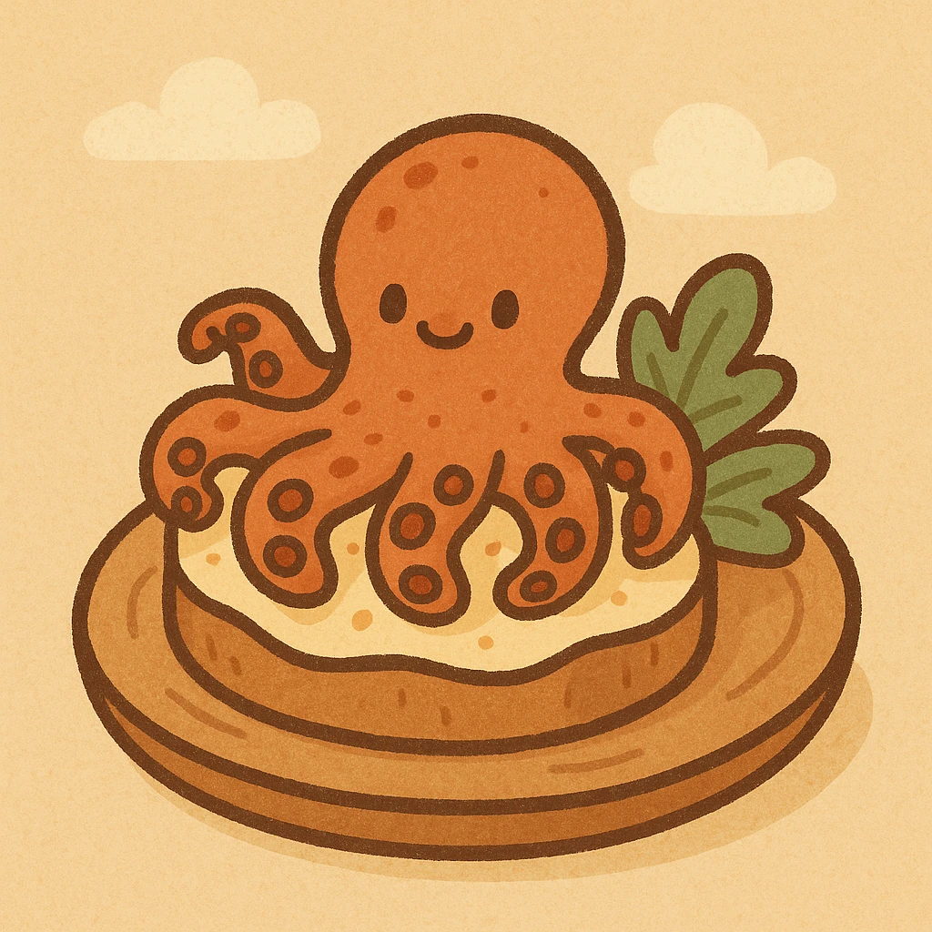 tapa de pulpo, cartoon style, minimal details, flat colors, cheerful mood emoji