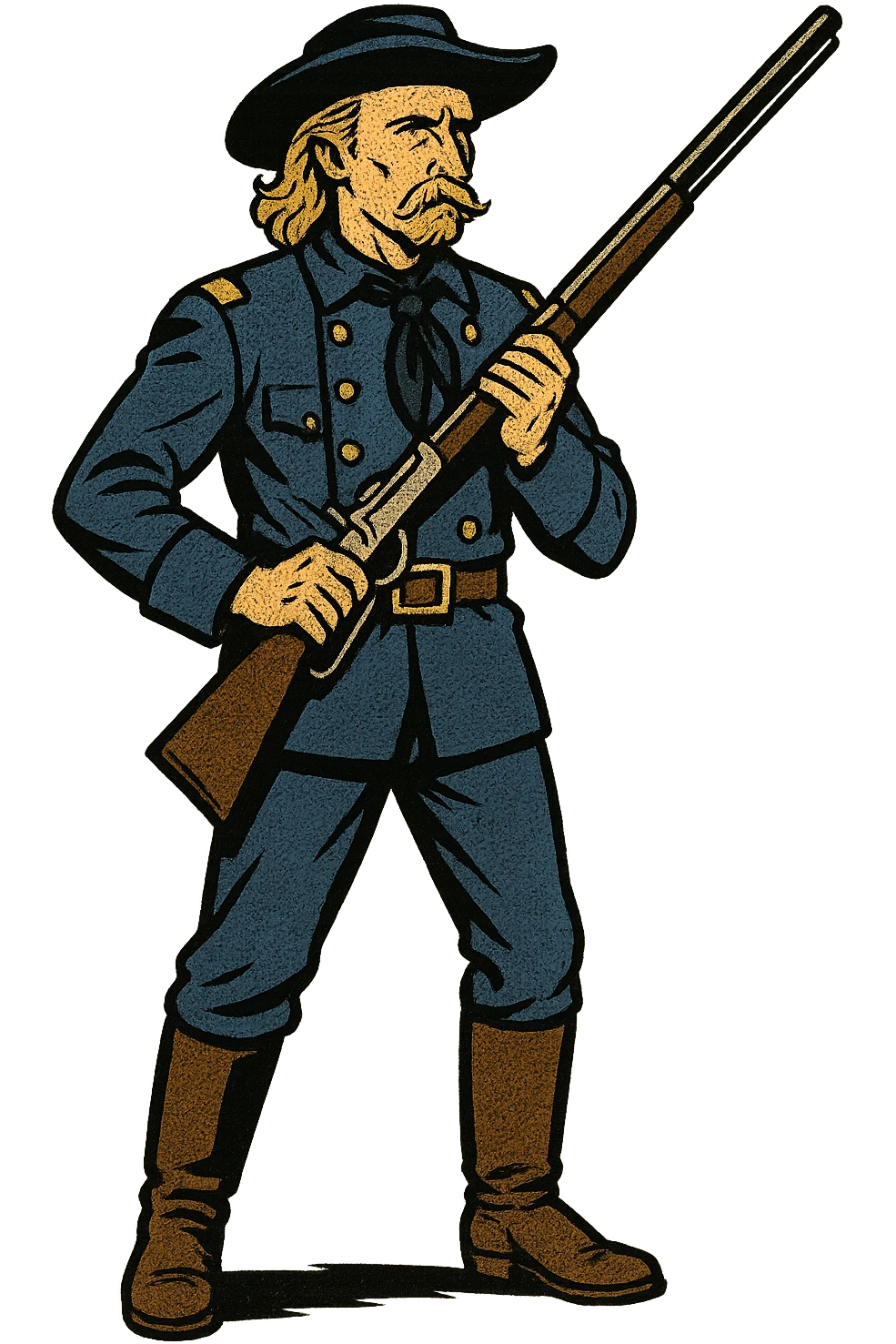 The full body of a US Army soldier who looks like General Custer from the 1880s wearing a blue uniform and holding a rifle emoji