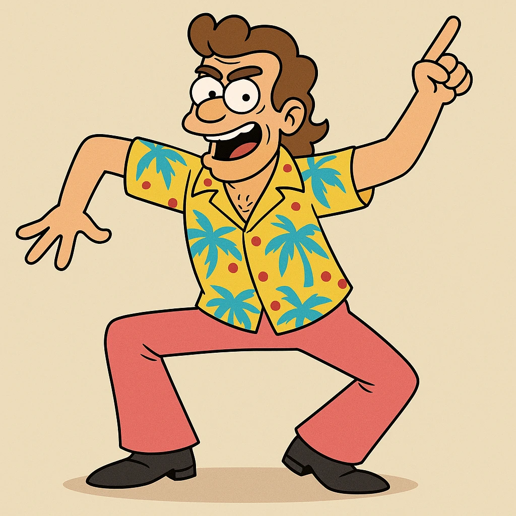 Shimmy Jimmy from Blended, exaggerated dance pose, bright patterned clothes, fun and lively, cartoon style emoji