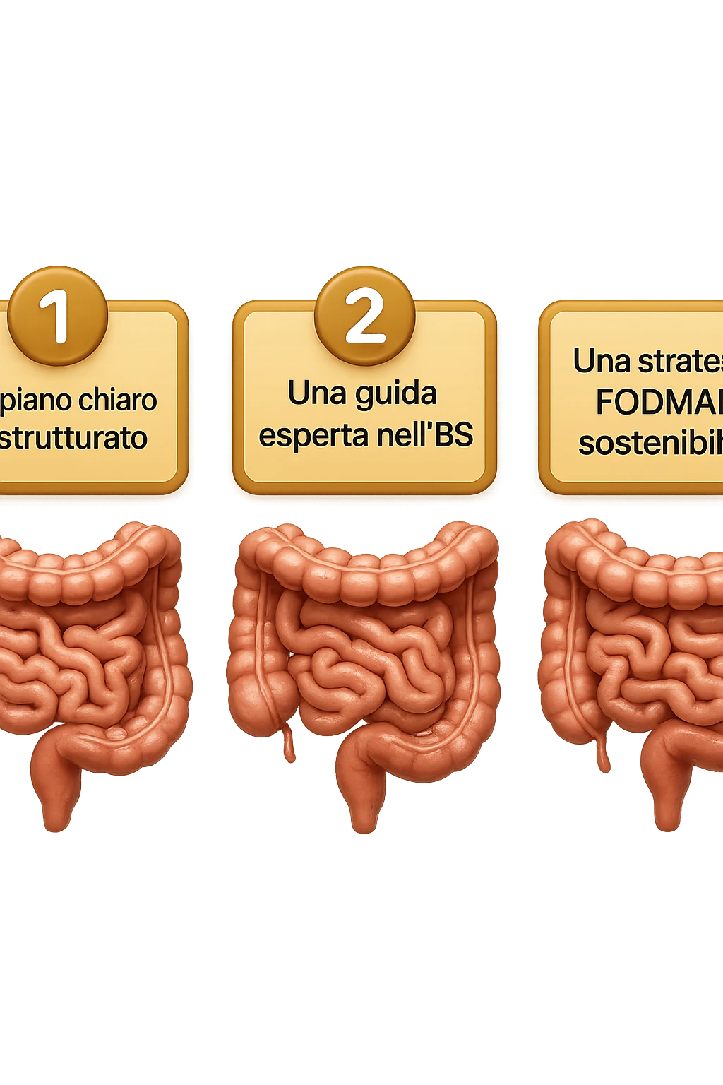 emoji stile iphone di 3 targhette numerate con intestino realistico davanti ad ogni targhetta, le targhette sono:
"1 – Un piano chiaro e strutturato
2 – Una guida esperta nell’IBS
3 – Una strategia FODMAP sostenibile"
, iperrealistico 4k emoji