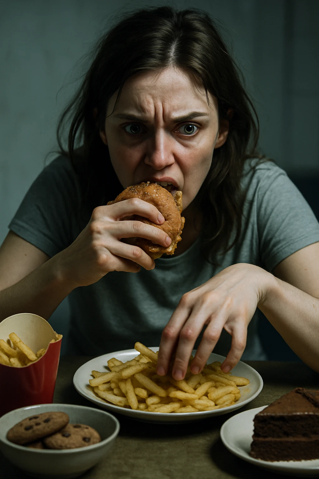 realistic cinematic image of a woman with intense emotional eating during menstrual cycle, agitated look, hands impulsively grabbing food, realistic details, dramatic clinical lighting, no text, 2:3 aspect ratio emoji