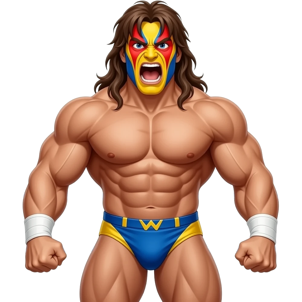 ultimate warrior wrestler with huge muscles,  yellow red and blue warrior face paint, long brown messy hair with bangs and screaming emoji