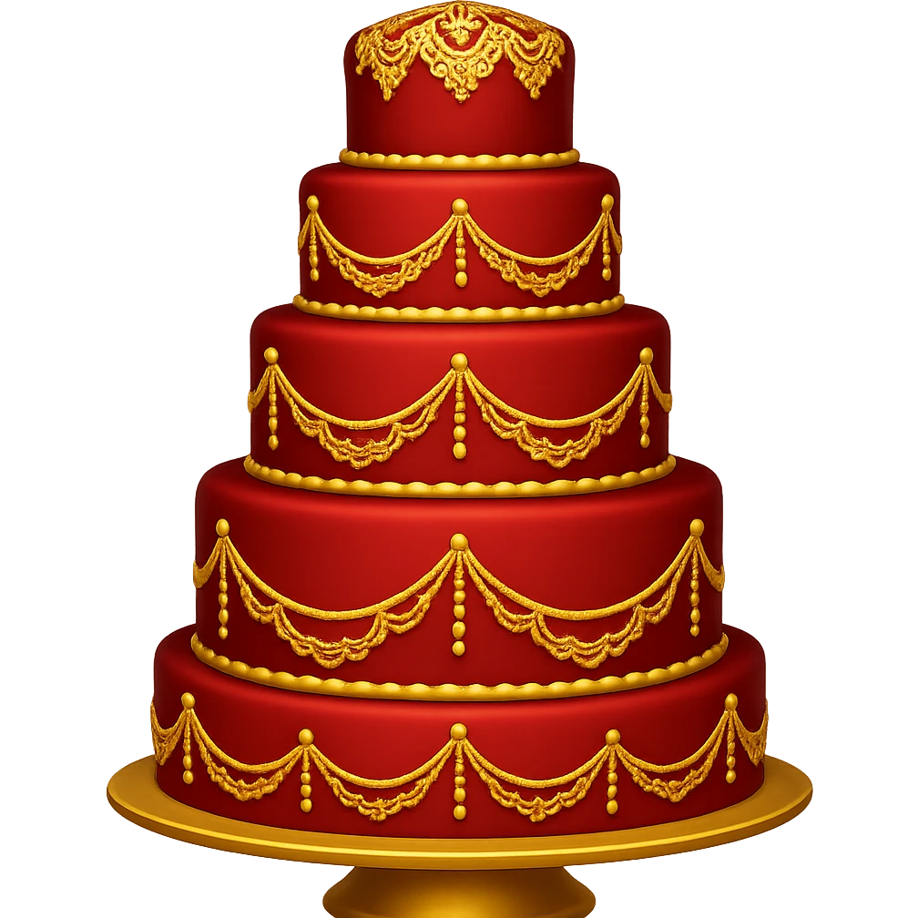 Add gold accents to the elegant red wedding cake with lace details. Keep the background transparent. The style is emoji style with concise and simple details. emoji