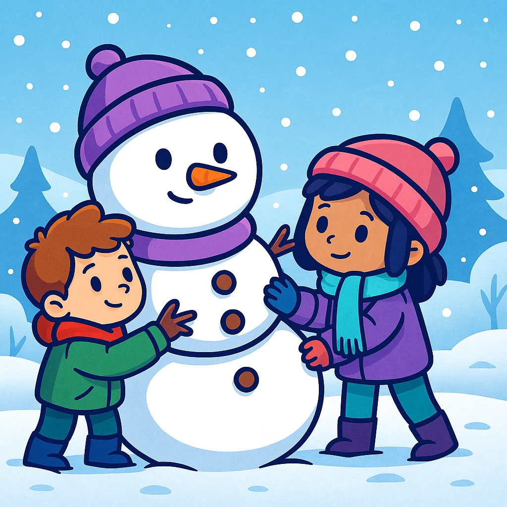 Show two different kids (different hair and clothing colors) building a snowman in a snowy background, keep the sticker style emoji