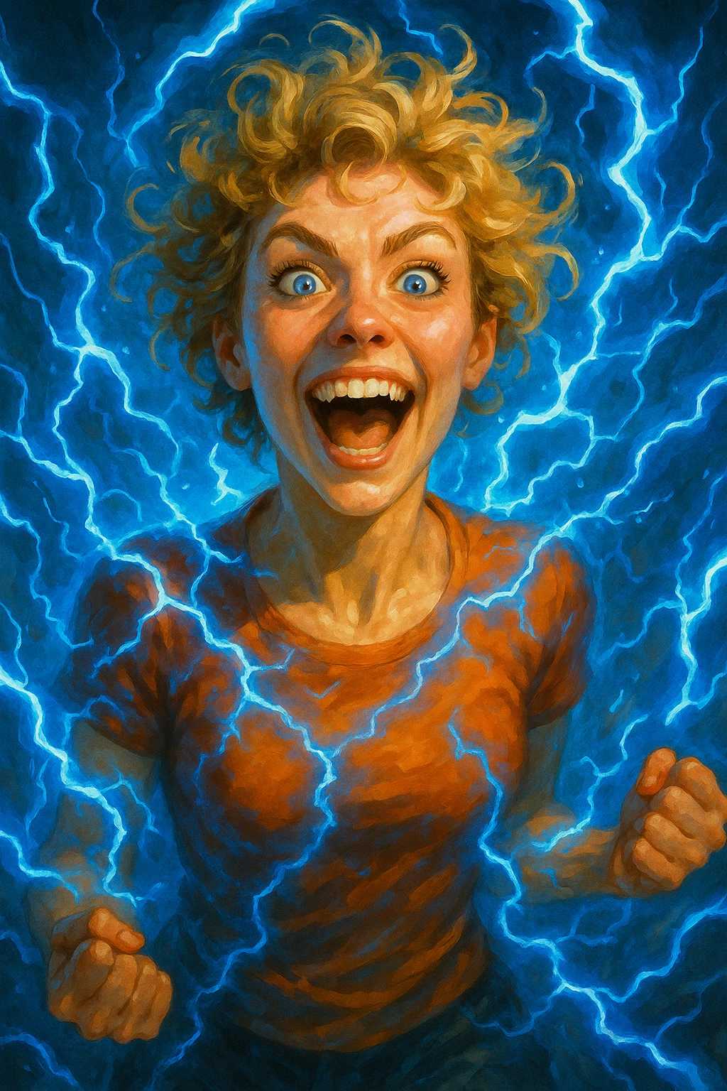 a woman with short curly blonde hair, blue eyes, and blue electricity surrounding her, dynamic and energetic expression emoji