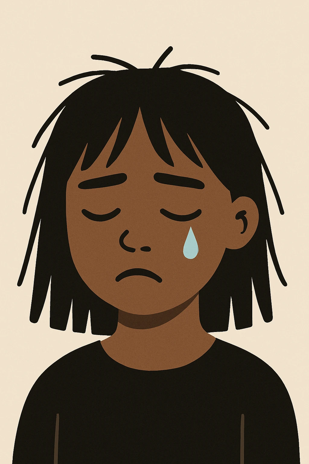 minimal flat style sad crying black girl with straight messy hair, single tear emoji