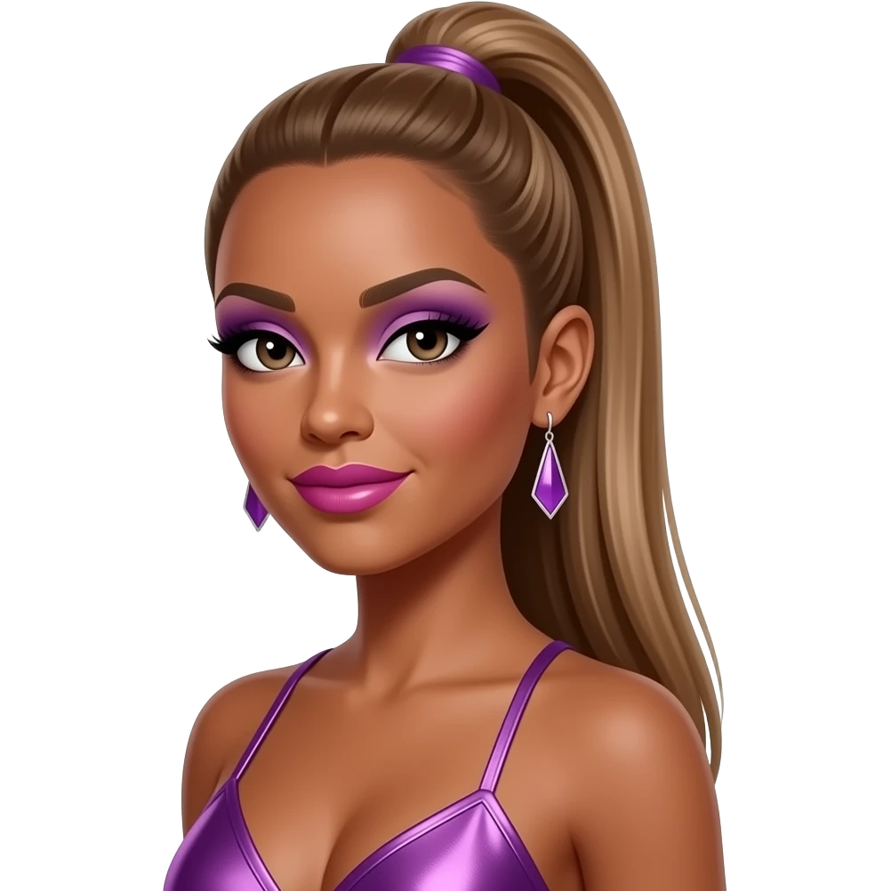 Melody Thornton from The Pussycat Dolls with dark skin, dark brown eyes, long light brown 2000s straight high ponytail hair, purple eyeshadow, hot pink lipstick, purple metallic halter dress, earrings emoji