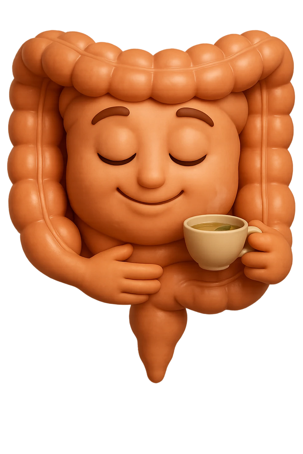 emoji stile iphone 3d di intestino umano sereno che si tocca la pancia mentre sorseggia un thè alle erbe, iperrealistico 4k emoji