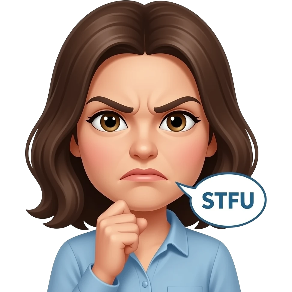 Woman with grumpy face, holding her fist up to, just below, her chin with STFU coming out of a word bubble emoji