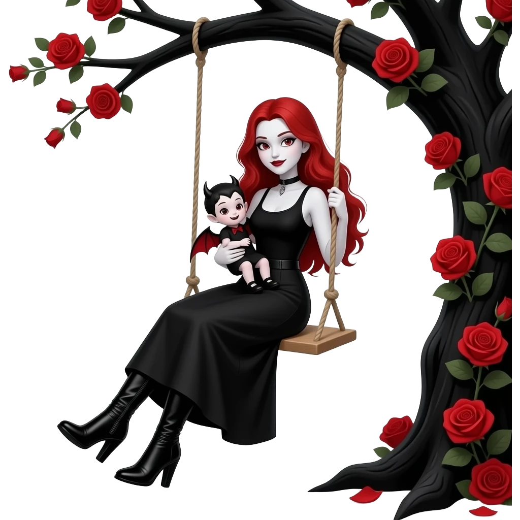 Vampiro adolescente femmina con pelle bianca e capelli rosso ondulati lunghi che indossa una gonna lunga nera e un top-canottiera nera e degli stivali lunghi neri con tacco e che dondola su un altalena attaccata a un albero nero con rose rosse con in braccio una bambina piccola VAMPIRA emoji