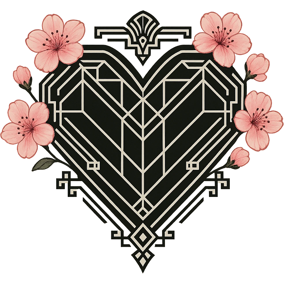 goth sakura heart, art deco, geometric black heart, pink sakura accents, elegant and vintage emoji