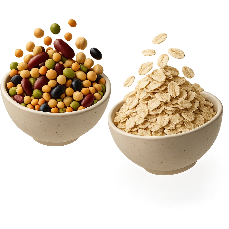 BOWL DI LEGUMI FLUTTUA IN ARIA INSIEME A BOWL DI FIOCCHI DI AVENA,  iperrealistico 4k emoji