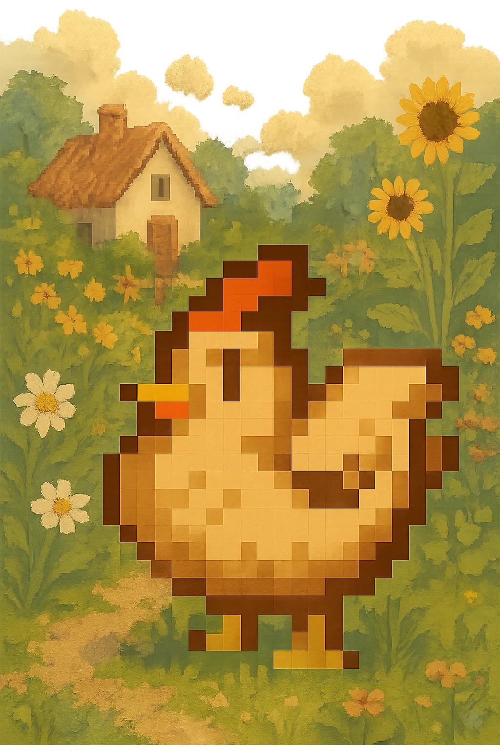 Using a transparent background, re-imagine this pixelated chicken in a cottage core setting emoji