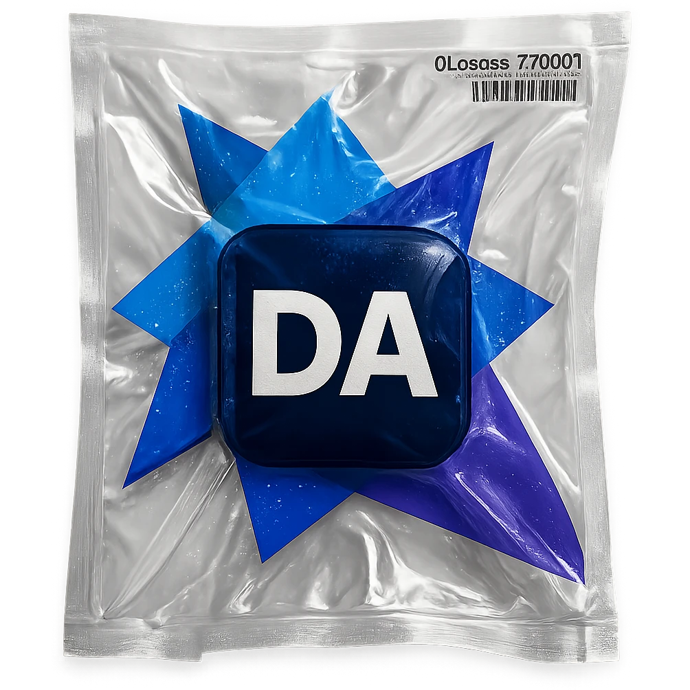 Generate the Vacuum Sealed version of this logo :

Logo Description:
Foreground Element (Main Icon):

A dark navy blue rounded rectangle (almost pill-shaped but more rectangular) sits in the center.

Inside the rectangle are the uppercase white letters "DA" centered both vertically and horizontally.

Font is bold, sans-serif, with clean and modern lines.

Background Elements (Geometric Shapes):

The background consists of five overlapping triangles, all pointing in different directions.

These triangles vary in size and shades of blue:

Top left: A small upward-pointing triangle in medium blue.

Bottom left: A small downward-pointing triangle in vibrant purple.

Center left: A large leftward-pointing triangle in light blue, partially overlapped by the navy rectangle.

Top right: A large upward-pointing triangle in dark blue.

Bottom right: A medium rightward-pointing triangle in purple.

Layout and Composition:

The triangles are arranged to form a dynamic, abstract background behind the central “DA” rectangle.

The triangles overlap slightly and create a layered, modern appearance.

The overall look is geometric, professional, and tech-oriented.

Color Palette (Hex approximations):

Navy blue (rectangle): #0D1B4C

White (text): #FFFFFF

Light blue triangle: #4285F4

Dark blue triangle: #2A2FCF

Purple triangle: #7E52FF

 emoji