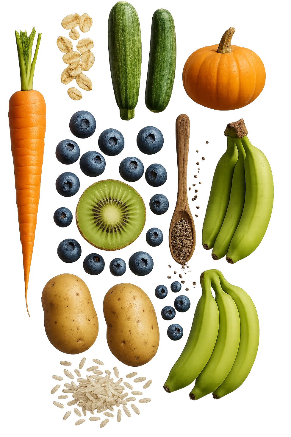 carota, fiocchi di avena, zucchine, kiwi, mirtilli, semi di chia, patate, banane acerbe, zucca, riso fluttuano in aria verticalmente, iperrealistici 4k emoji