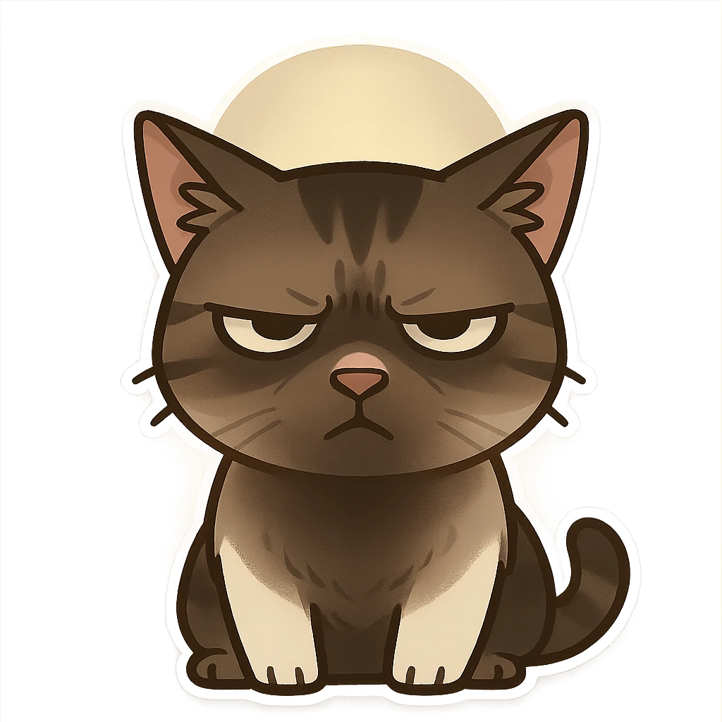 A cat with an impatient expression, frowning and squinting eyes. The light from above is shining vertically, and the face is in the shadow, making the cat's face more serious. emoji