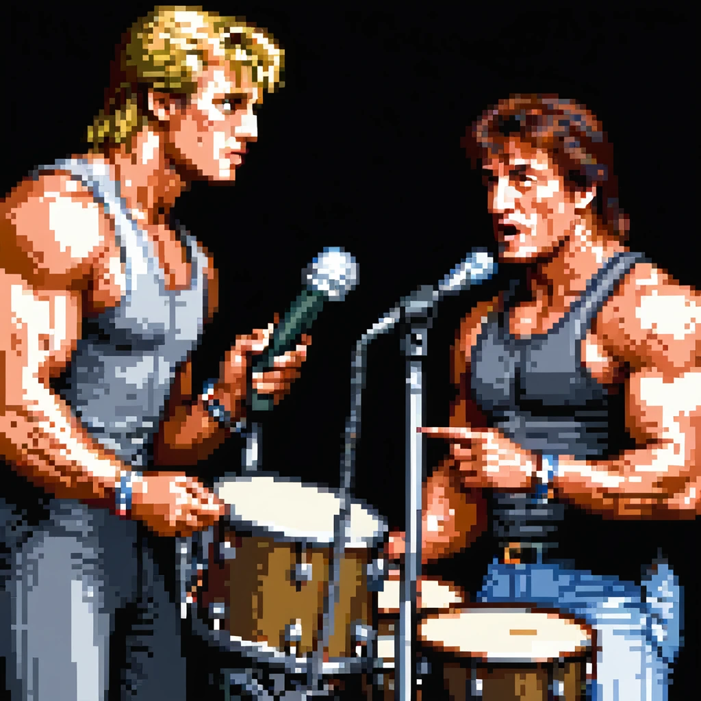 a SNES box art image of dolph lundgren on the mic and sylvester stallone on the drums cutscene graphic - 3/4 side perspective emoji
