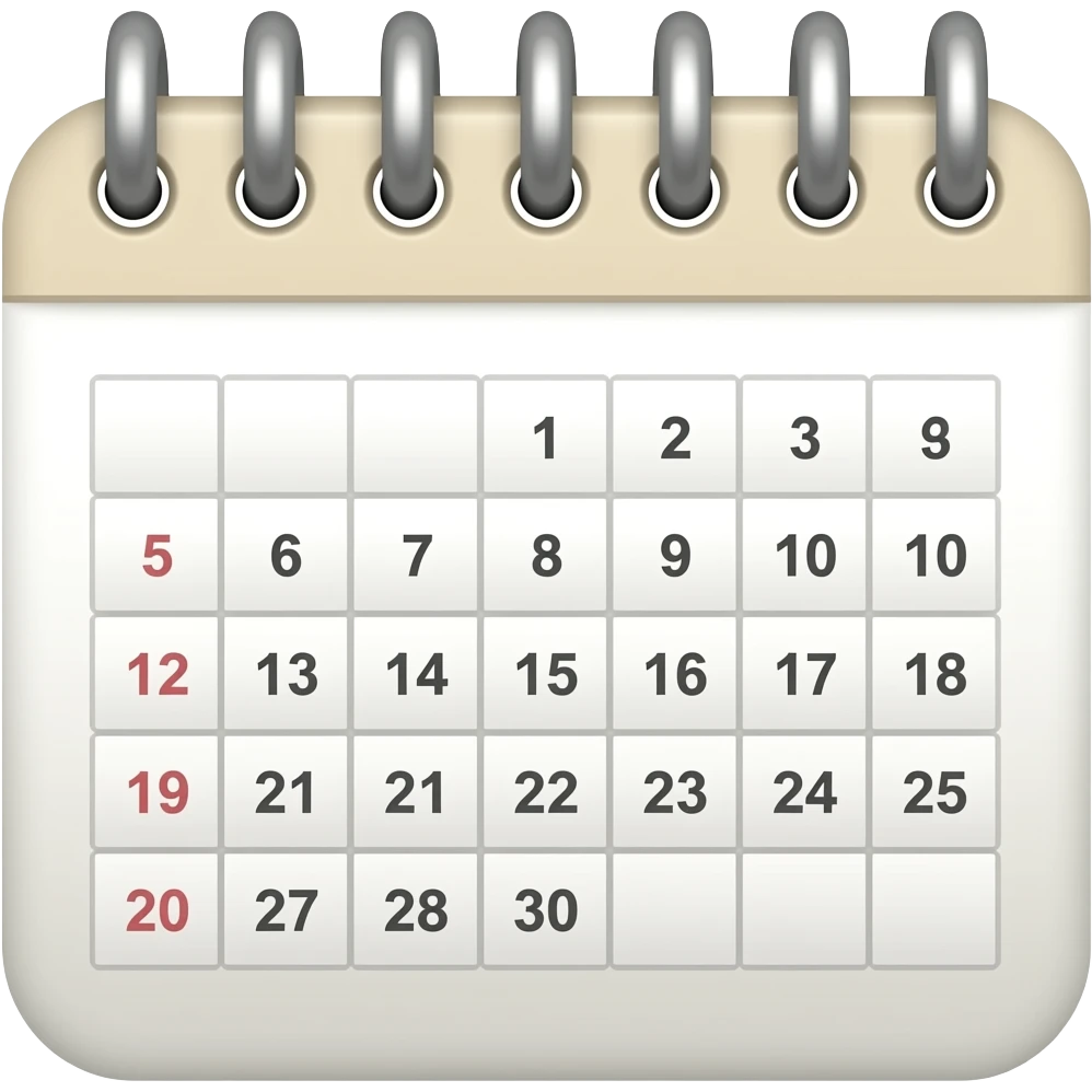 Apple-style horizontal wall calendar emoji, full month grid view, all days visible, spiral rings at the top, very light beige and white tones, minimal, soft shadows, rounded, clean and elegant, cute aesthetic emoji