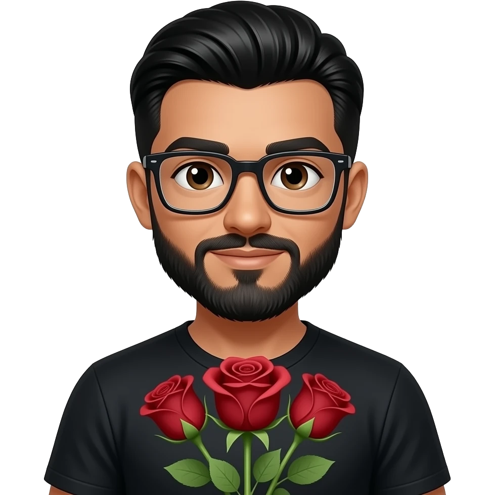 black slick back hair, tan skin, black beard, with squar glasses, brown eyes, black tee shirt, with roses in hand emoji