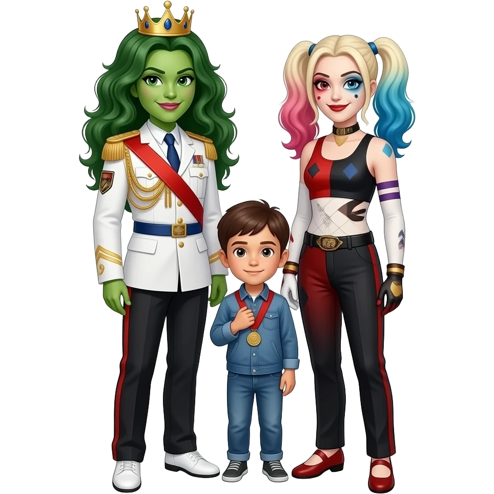 Poison ivy and harley quinn from dc are same wearing gold tiara white military tunic arm badge shoulder cord medal red sash blue belt black trouser with both side red stripe white shoes and they both love with peacefully child boy emoji