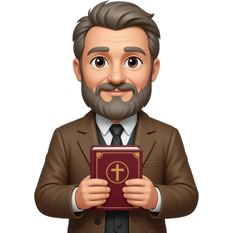 wise old man with grey brown hair and beard brown long sleeve coat slight smile brown eyes with burgundy book that has a cross on it no circle emoji