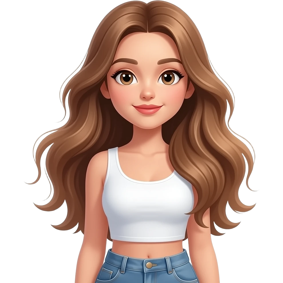Naturally beautiful tan girl with a cute face skinny, normal skinny and is wearing white crop top and jeans and has luminous long light brown hair and big natural lips and a small nose and some cheekbones and has some sort of make-up and is glowing and hair kind of flying emoji