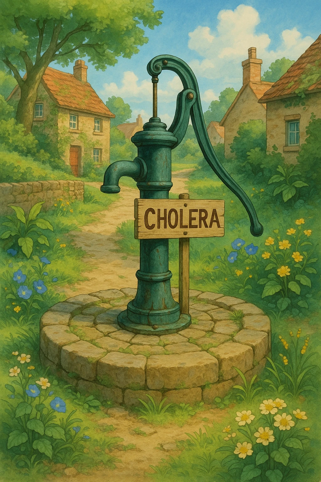 a classic water pump as the source of cholera, inspired by the 1854 Broad Street outbreak, in Ghibli style emoji