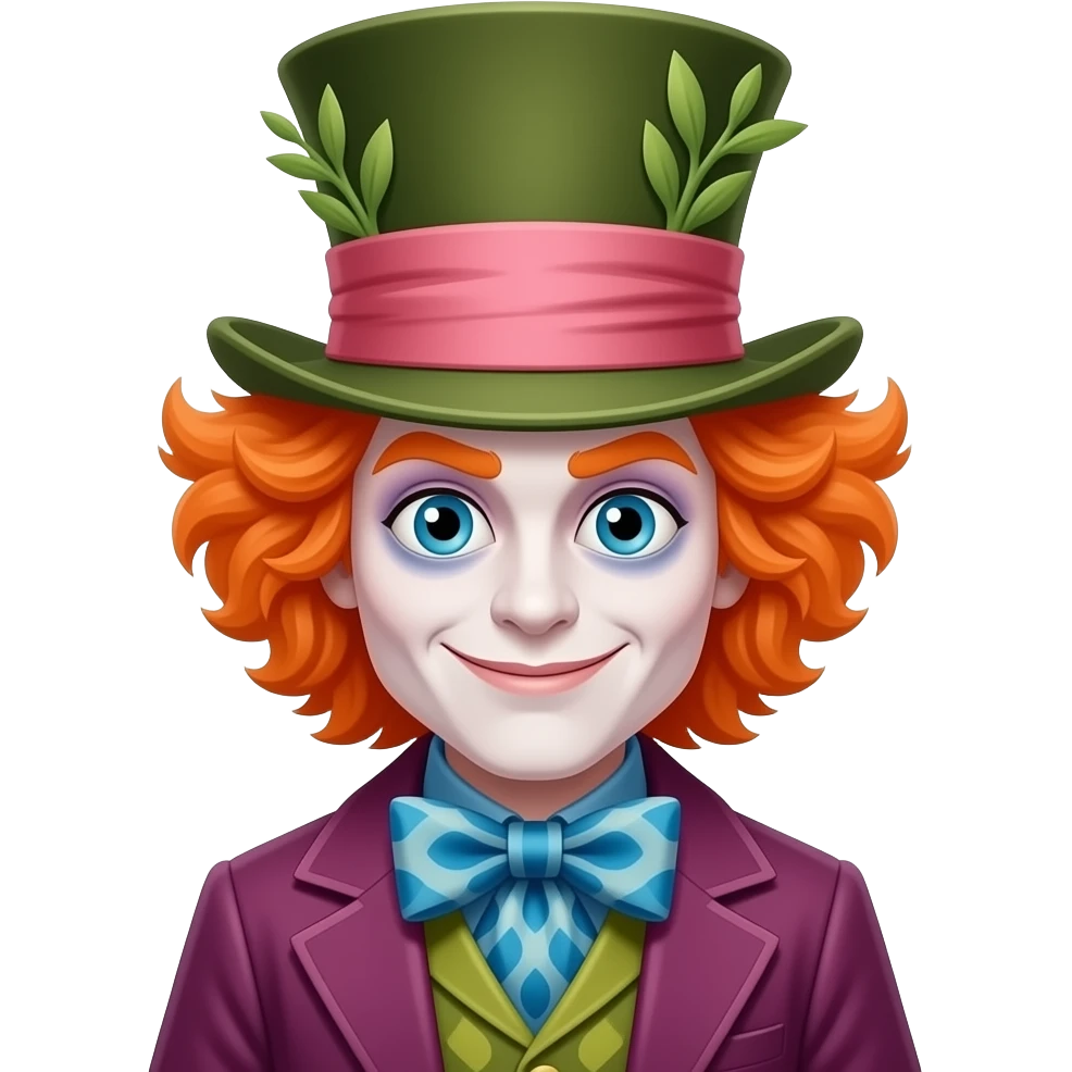 The mad hatter with pastel colors in clothing, orange hair, whimsical but kind emoji